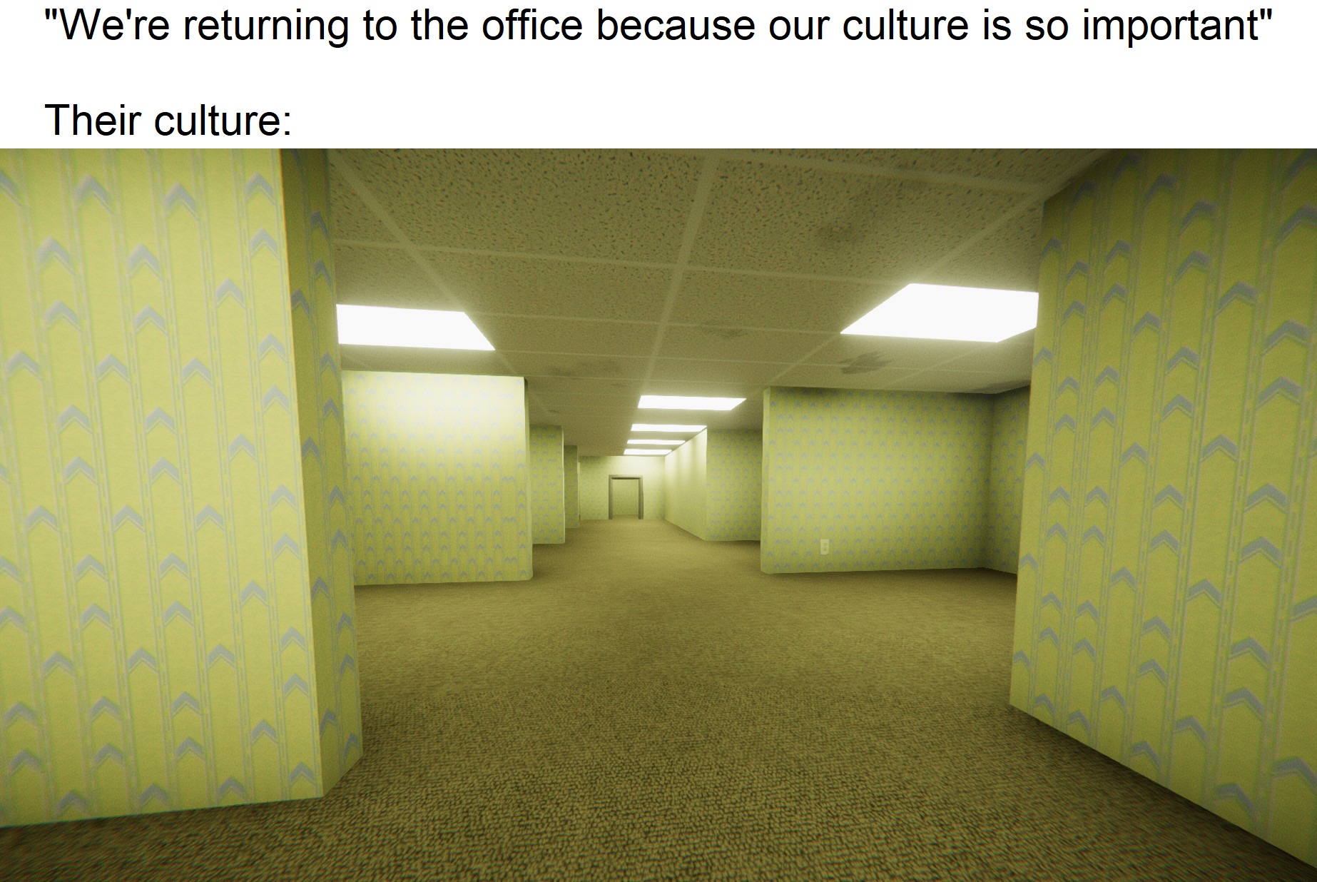 This meme is a humorous take on the common phrase "we're going to return to the office because our culture is so important." The image depicts a desolate, abandoned office building, implying that the company's culture is so unimportant that it's been abandoned. The text "We're going back to the office because our culture is so important" is written above the image, with the words "Their culture" written below, implying that the company's culture is actually non-existent.